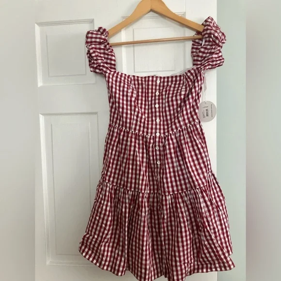 STAUD Red and White Gingham Mini Dress - Picture 2 of 4